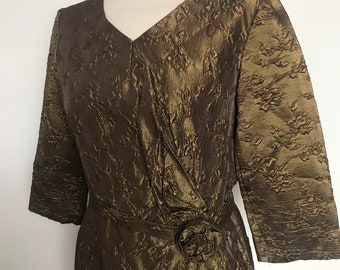 vintage dress, brocade dress, brown, bronze,  wiggle, 60s dress, rose print, metallic,shift dress Mod, UK 12, rosette, evening, christmas