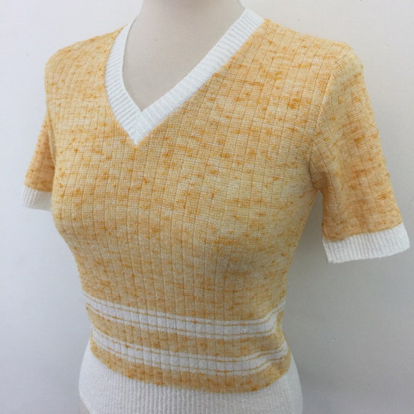 Vintage tight sweater ribbed knit top orange white shirt sleeves striped 1960s 1970s tee Bad Girl look UK 10 V neck Mod Northern Soul