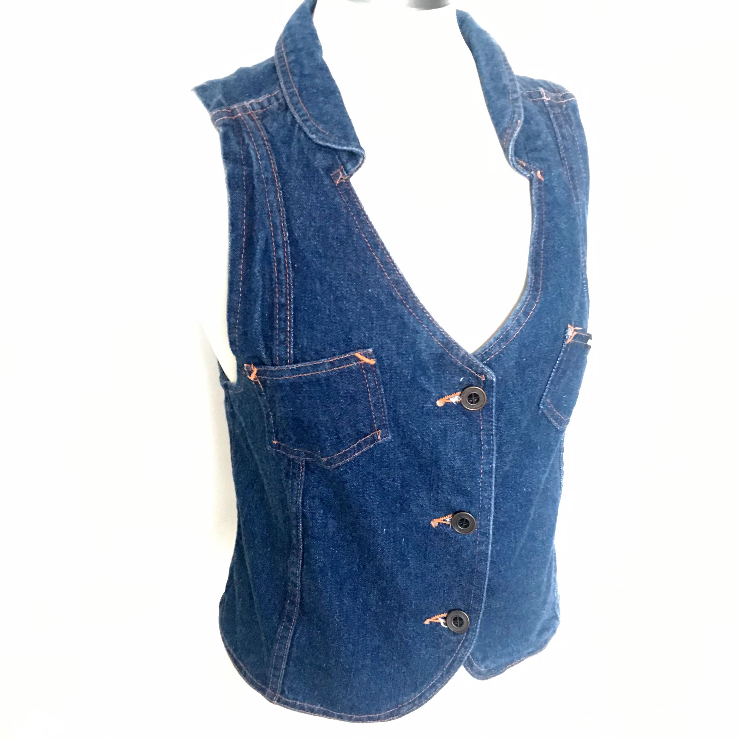 Image of Denim Waistcoat, Denim Vest, S Denim, Vintage Boho, Hippie, Glam, Rocker, S, Dark Blue Gorderic, U.k.