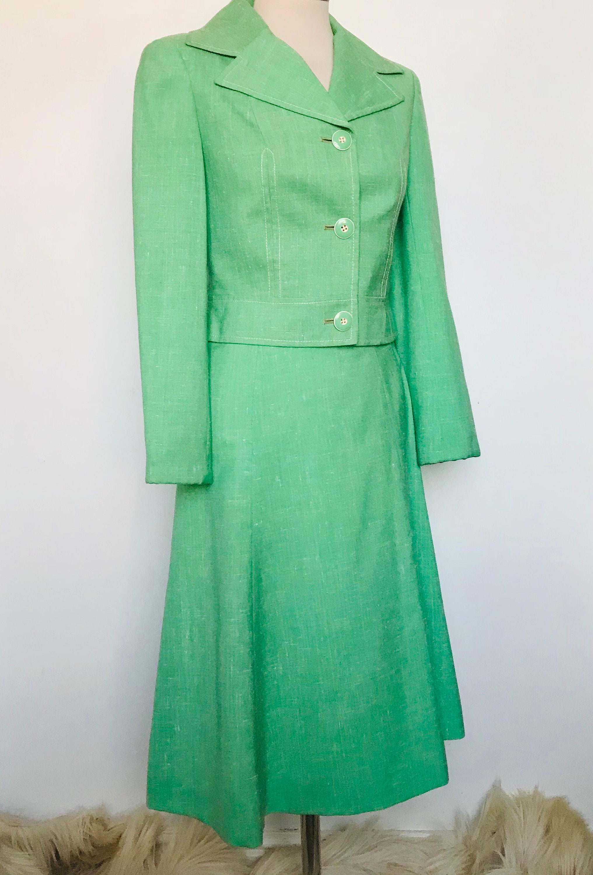 Vintage suit, Mod suit, 1970s suit, tailored jacket, A line skirt, pale