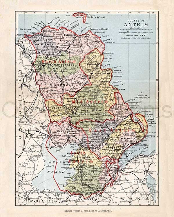 Antrim 1889 Antique Irish Map of County Antrim Printed on Etsy