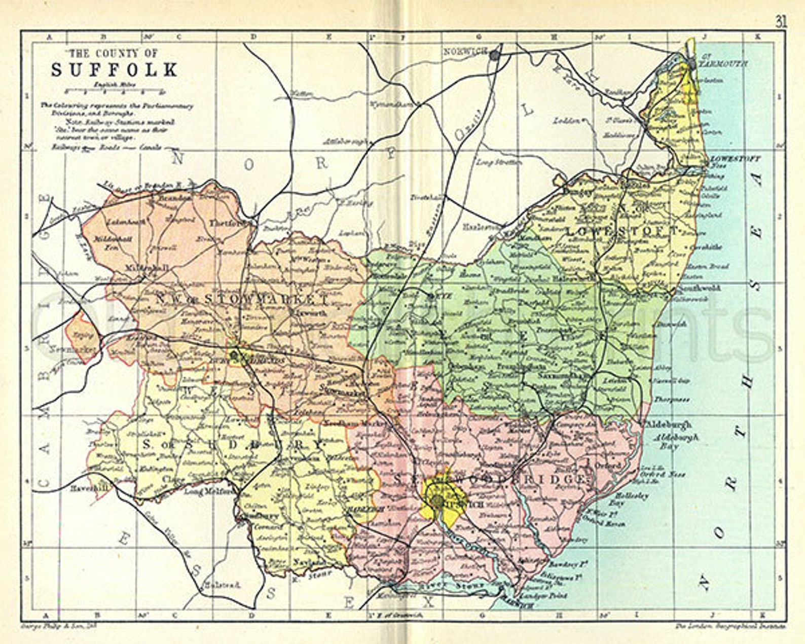 Suffolk 1895 Antique English County Map Of Suffolk Canvas Etsy