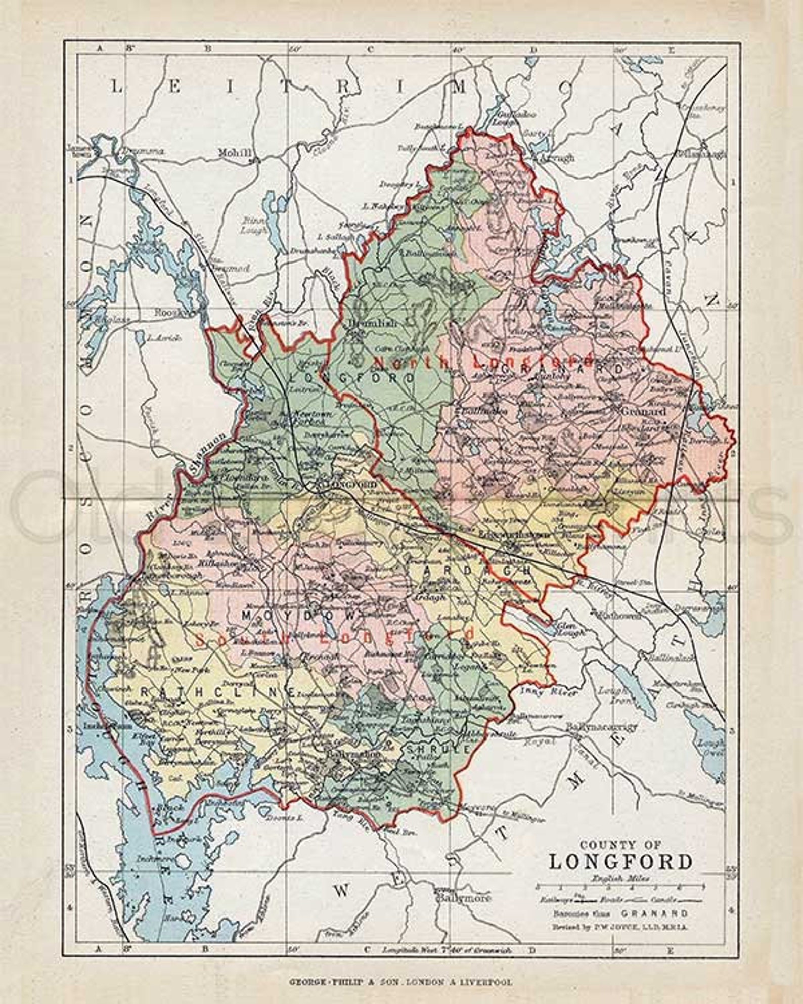 Longford 1889 Antique Irish County Map of Longford Printed Etsy