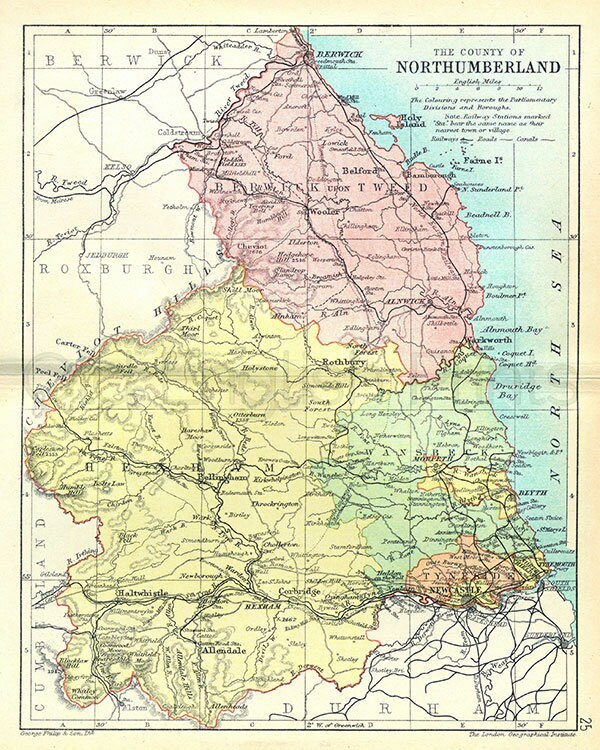 Prints Original 1892 Antique County Map Northumberland Lithographs prints-original-1892-antique-county-map-northumberland-lithographs