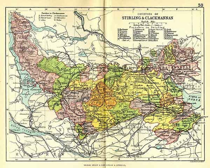 Stirling Shire and Clackmannan Antique Scottish County Map A3 Size 14