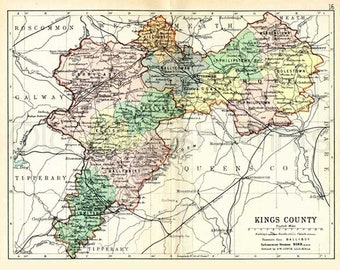 Kings County 1889 - Antique Map of Kings County - Offaly - Printed On Canvas Textured Paper A4 size 10x8 ins 25.4x20.3 cms - FREE DELIVERY