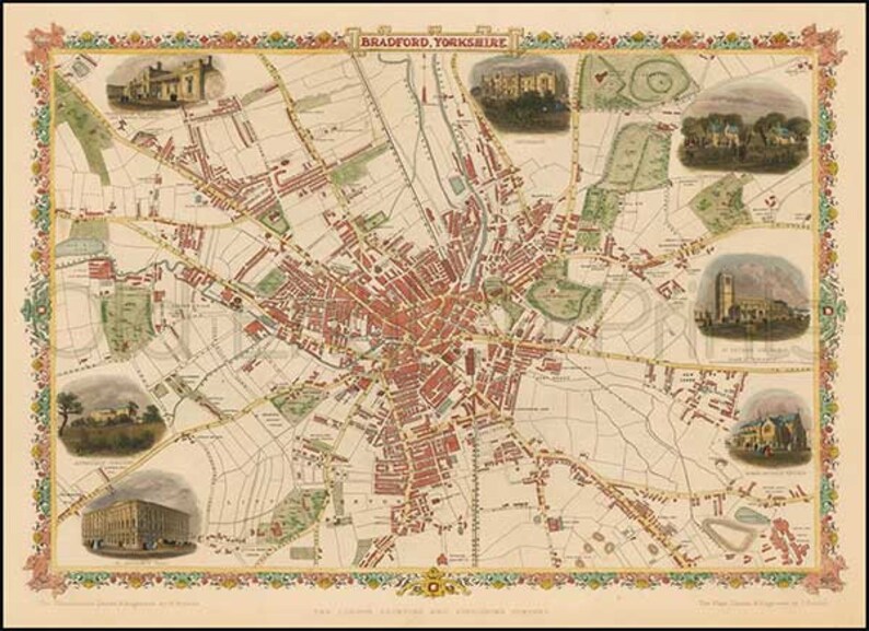 Bradford 1851 Antique English Town Map of Bradford Etsy UK
