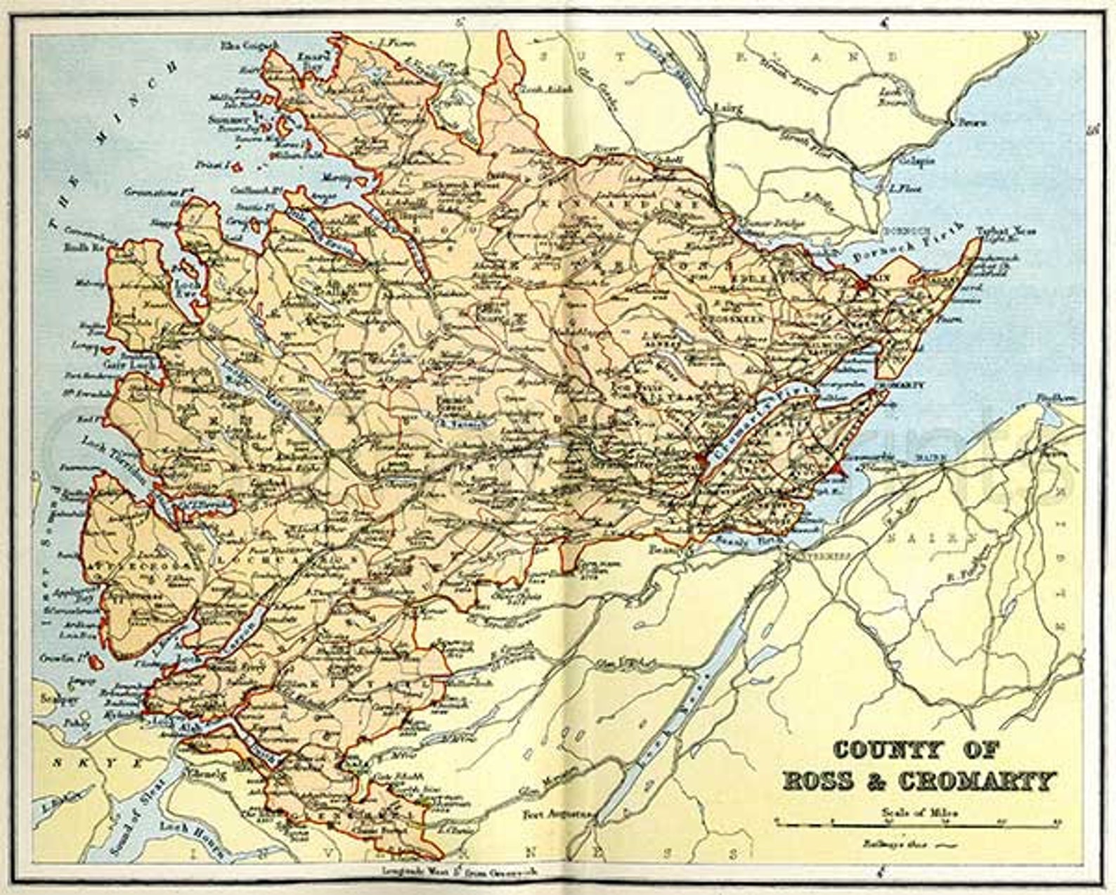 Ross and Cromarty Shire Antique Scottish County Map A3 Size 14.5x11 In