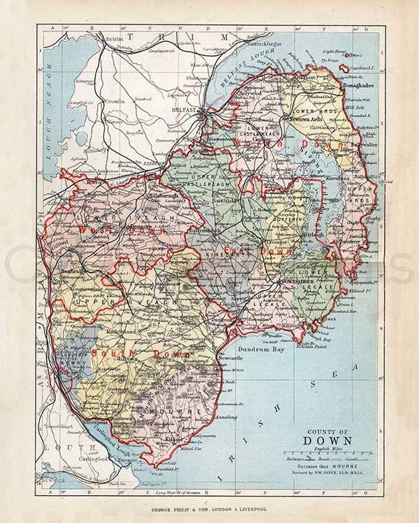 Down 1897 Old Irish Map of County Down Printed on Etsy