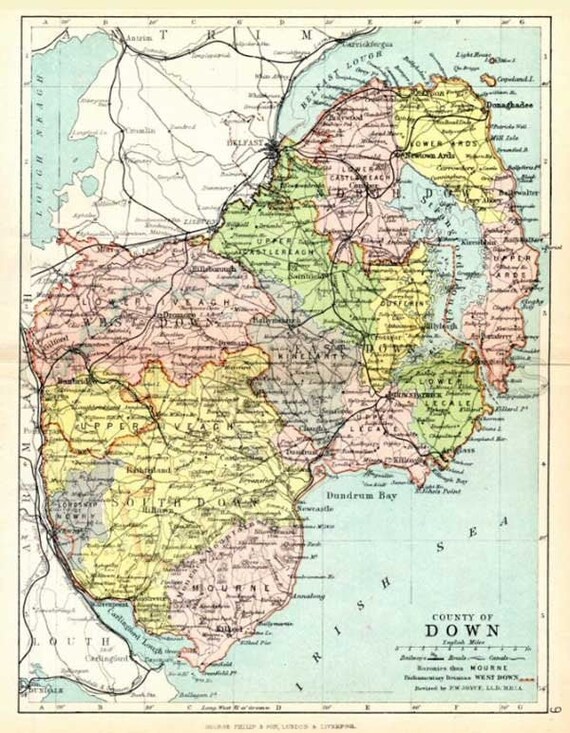 County Down Ireland 1893 Mapa antiguo del condado irlandés Etsy