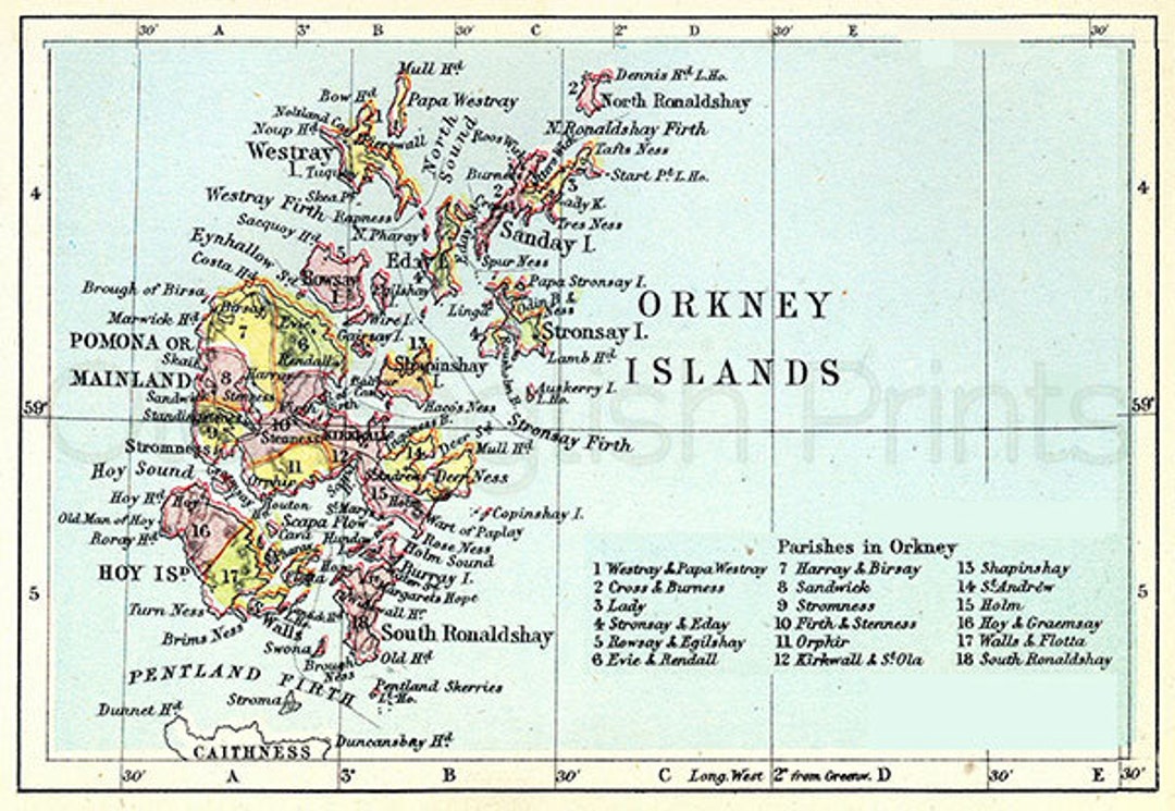 Orkney Islands C.1880 Antique Scottish Map of the Orkney Islands 11 X 14.5 Ins PRINT Unframed ...
