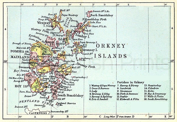 Orkney Islands C.1880 Antique Scottish Map of the Orkney Islands 11 X 14.5 Ins PRINT Unframed ...
