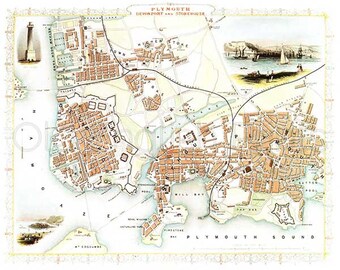 plymouth 1851 antique english town map of plymouth devonport and stonehouse 8 x