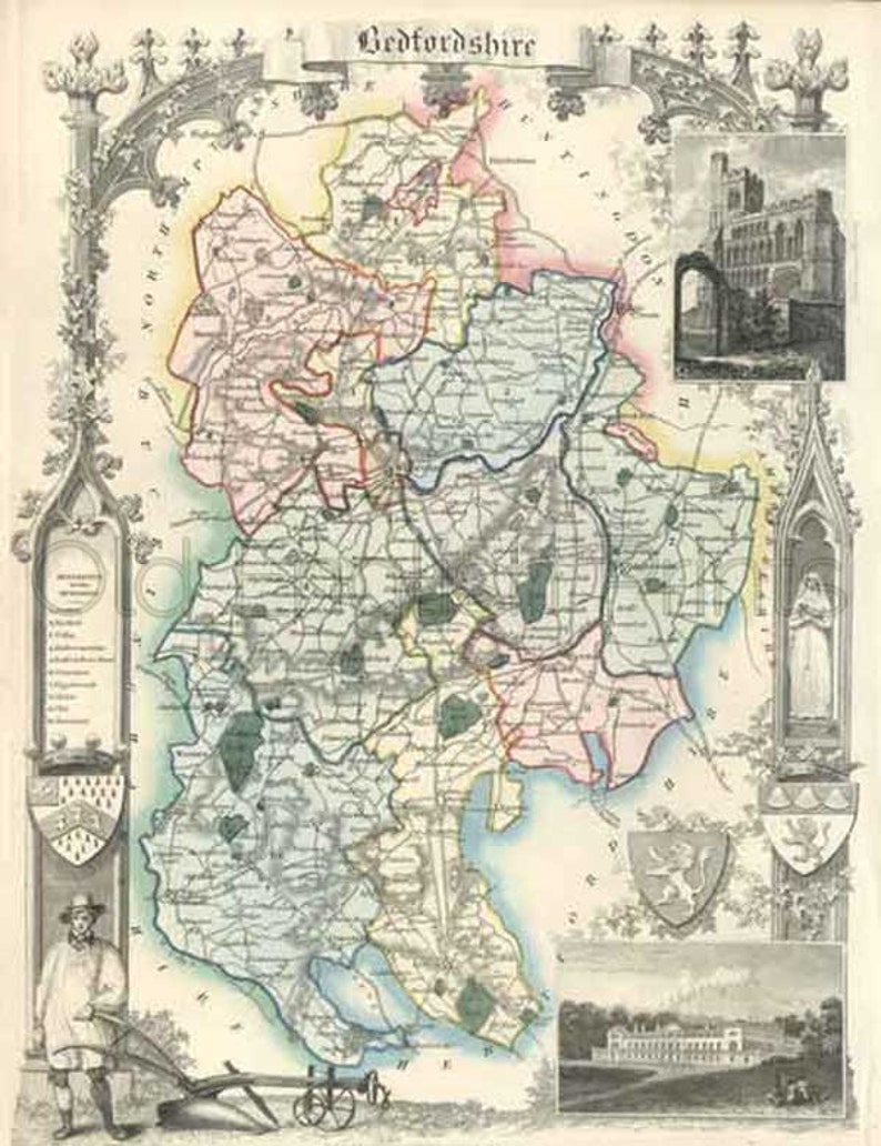 Antique English County Map of Bedfordshire Canvas Print choice of 2 sizes FREE DELIVERY Bedfordshire 1837