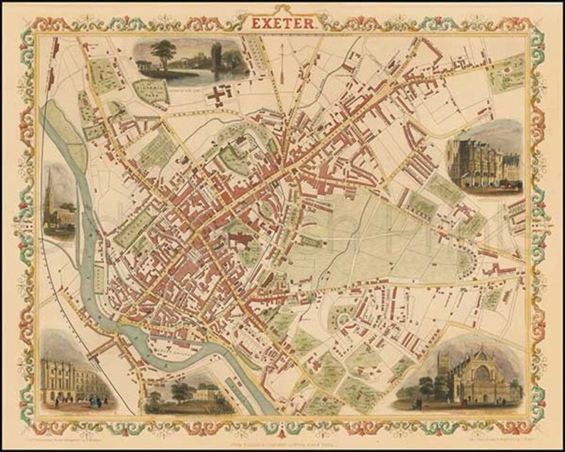 Exeter 1851 Antique English Town Map of Exeter Devon Etsy UK