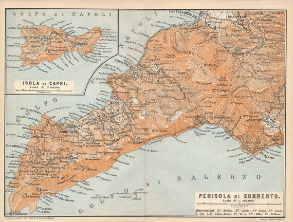 Sorrento Italy Antique Italian Map of Sorrento Peninsula - Etsy