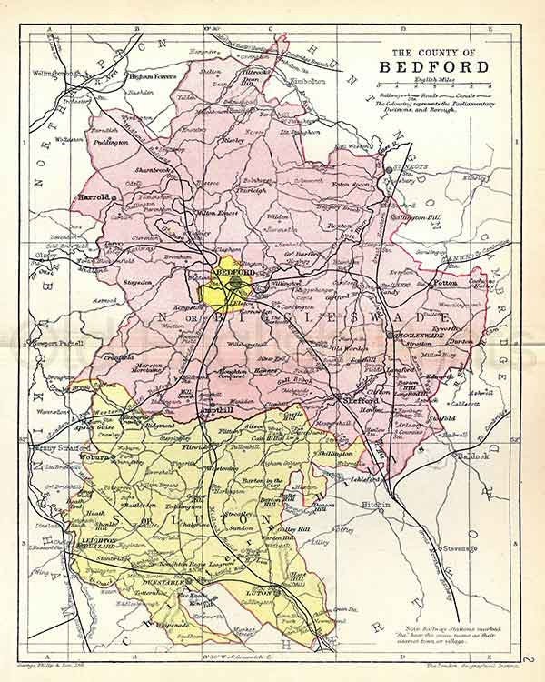 Bedford 1895 Antique English County Map of Bedfordshire Canvas Textured