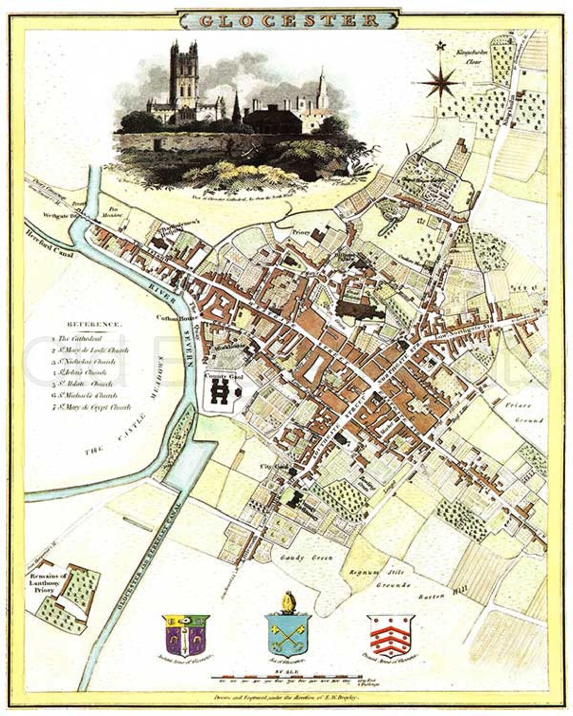 Gloucester City Plan 1807 Antique Map of Gloucester Canvas Textured Print Unframed 14.5x 11in