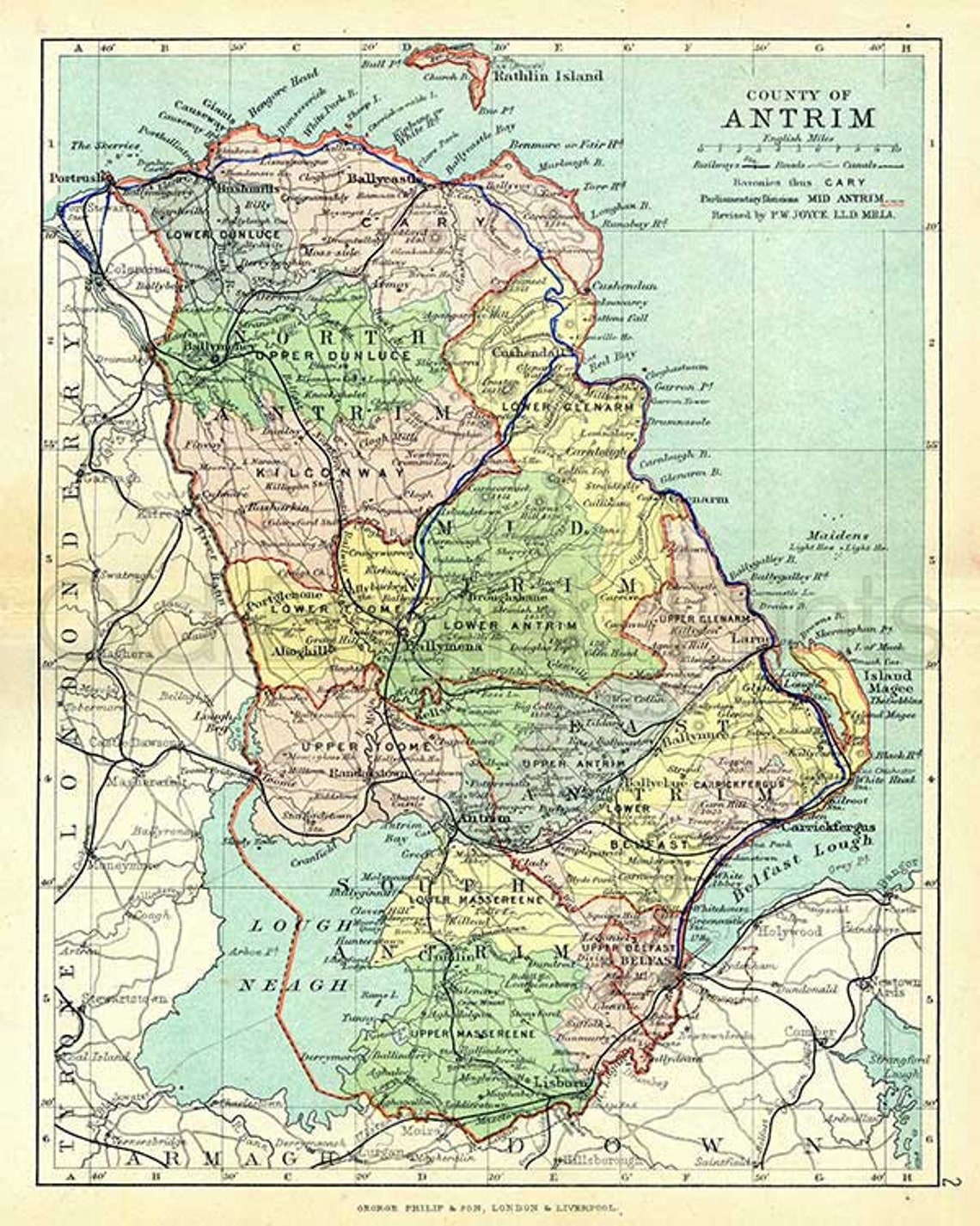County Antrim 1897 Antique Irish Map of Antrim Canvas Print Choice of 2