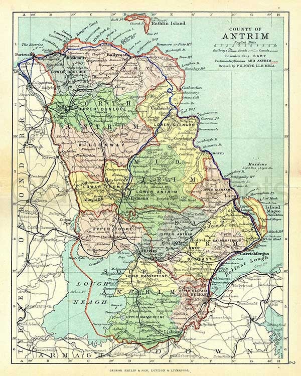 County Antrim 1897 Antique Irish Map of Antrim Canvas Etsy UK