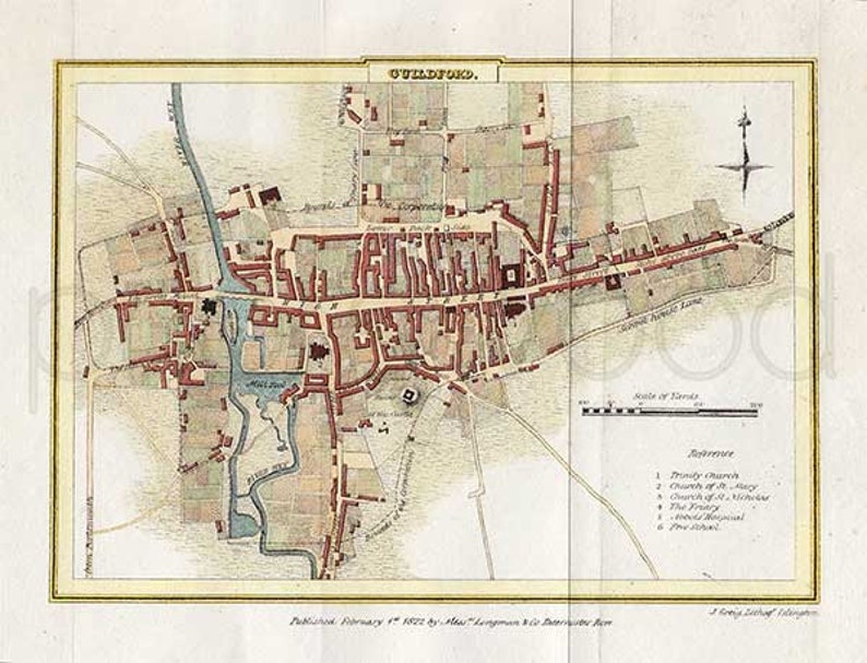 Guildford 1822 Antique English Town Map of Guildford by J. Etsy UK