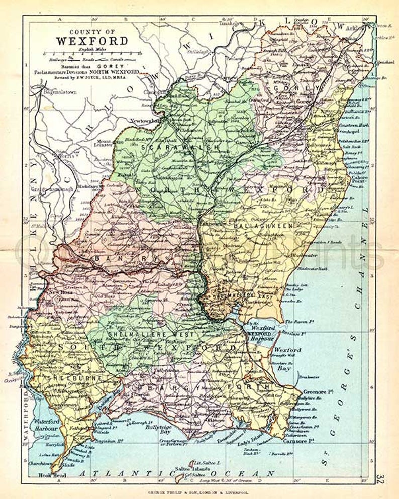 County Wexford 1897 Antique Irish Map of Wexford Canvas Etsy Australia