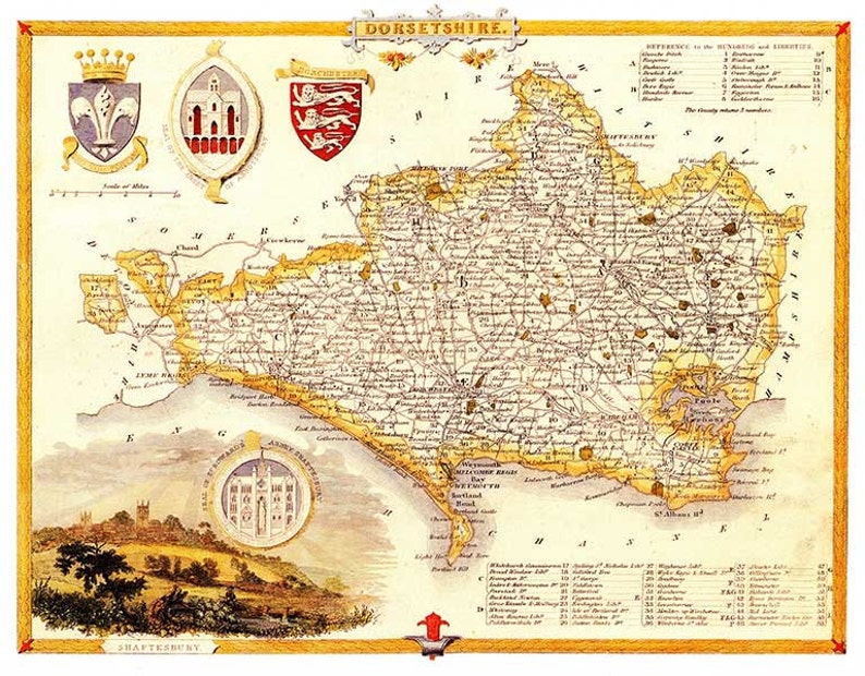 Unframed FREE DELIVERY A3 size Dorsetshire 1841 Old English City Map Canvas Textured Fine Art paper