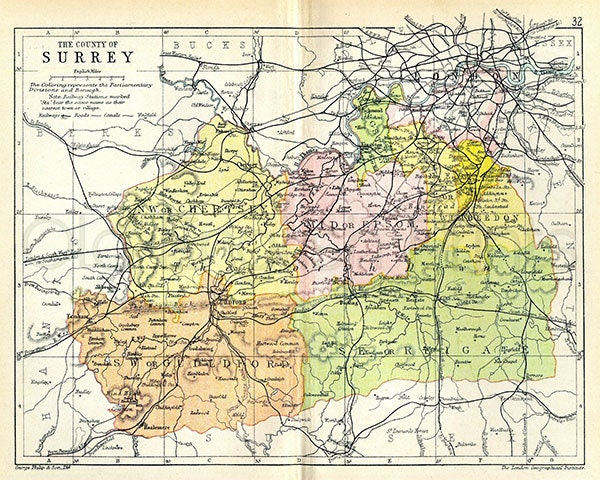 Surrey 1895 Antique English County Map of Surrey Canvas - Etsy