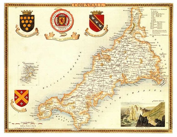 Cornwall 1841 Alte Englische Grafschaft Karte Giclee Kunst Etsy