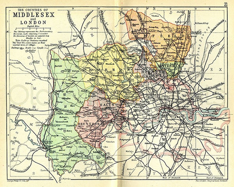 Middlesex and London 1895 Antique English Map of Middlesex Etsy