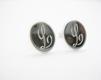 Vintage 1910 rounded oval engraved script cuff links beaded metalwork cursive initials WCG Clark /& Co cufflinks