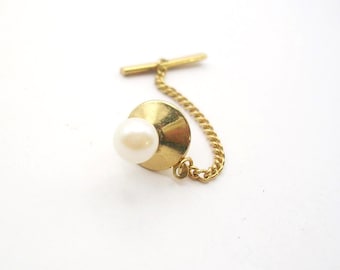 Vintage genuine Pearl Tie Tack with Chain classic Men's Suit Accessory