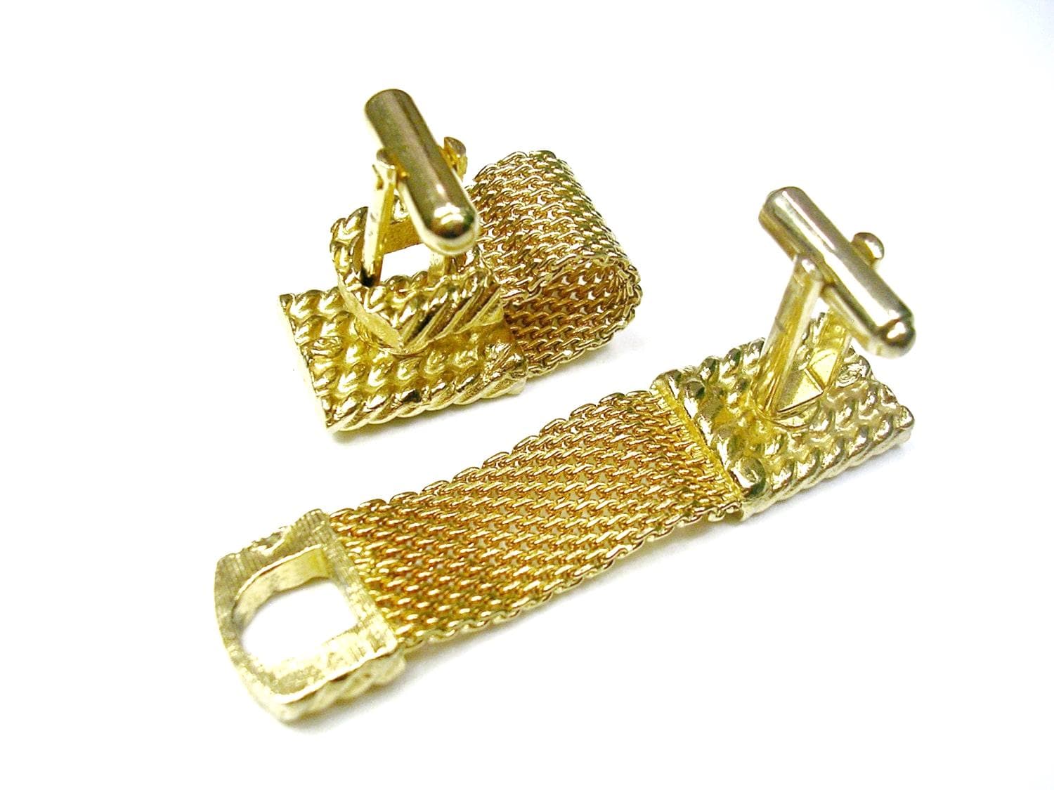 ⭐️10金⭐️ヴィンテージ カフリンクス カフリンクス メッシュラップ象嵌 本物のタイガーアイストーン