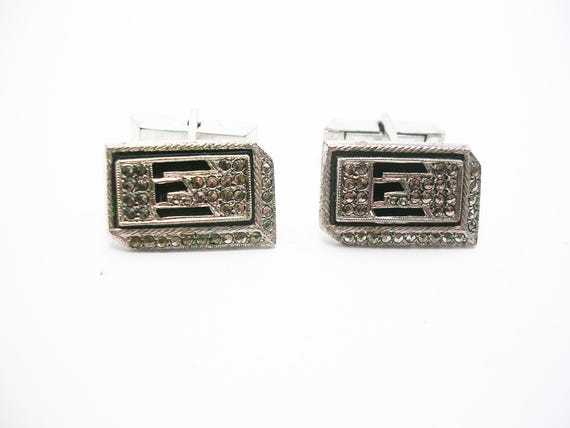 Sterling Silver Initial E Cuff Links Marcasite Ge… - image 2