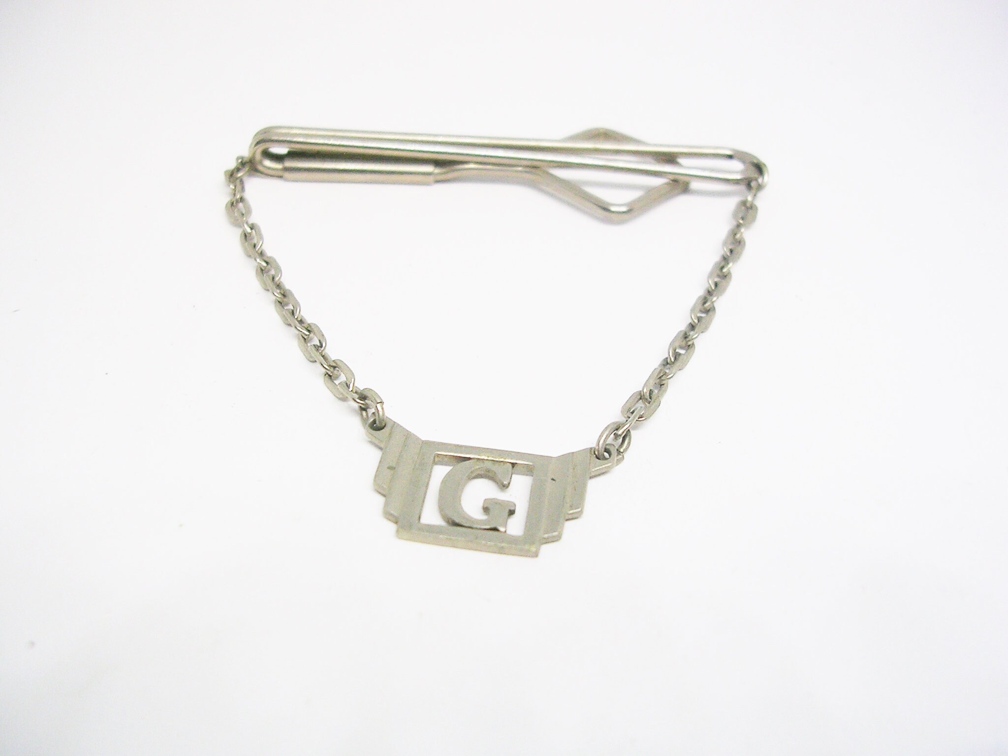 G Letter Initial Monogram Tie Clip & Chain Classic Design Silver Tone Tie  Bar Men's Jewelry