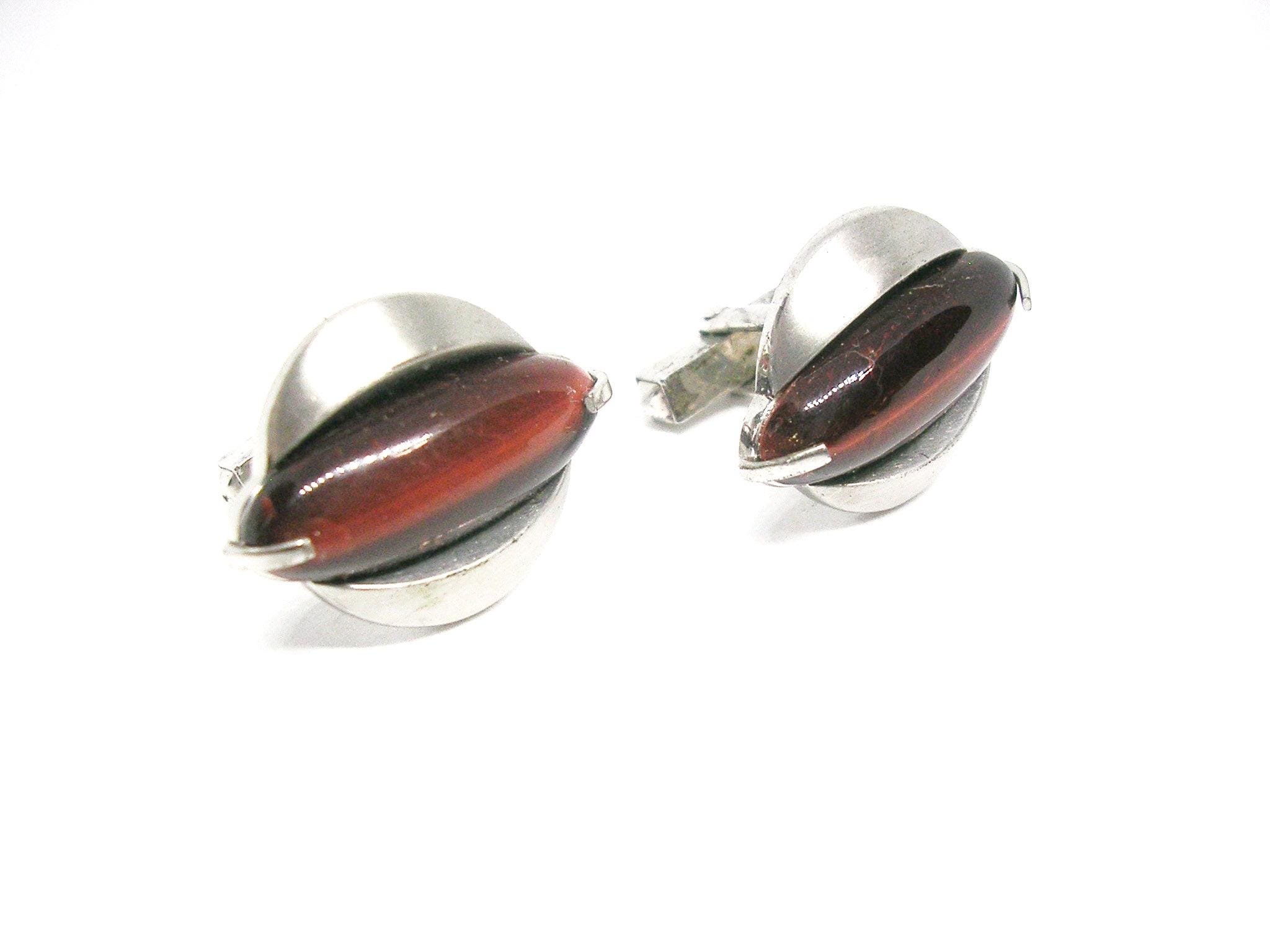 Anciens Boutons De Manchettes En Argent Avec œil De Tigre – Bijou Vintage Pour Chemise
