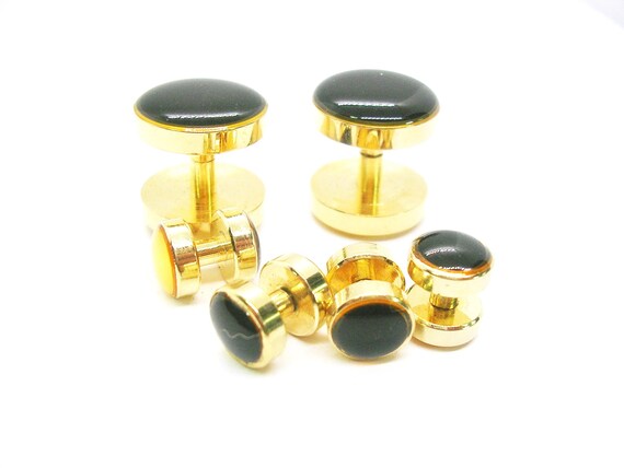 Gold Tone Cuff Links Tuxedo Studs Set: Double Sid… - image 2