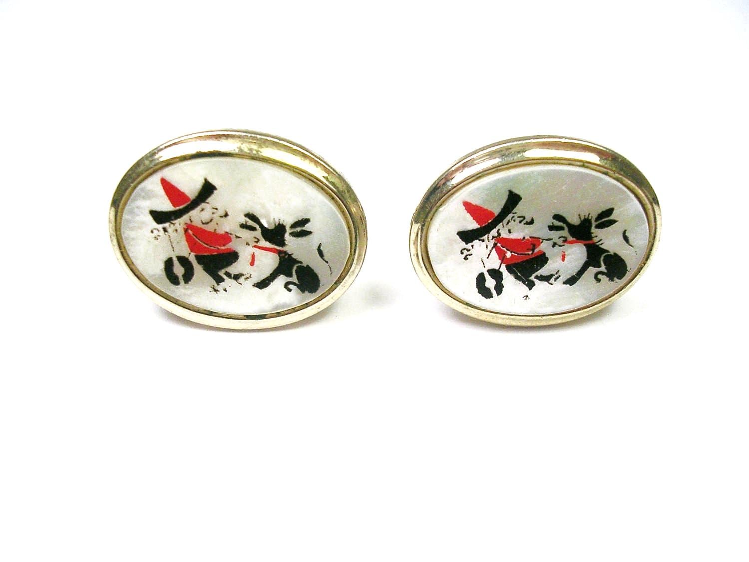 Boutons De Manchette Anciens Argent Or Nacre Tête De Chien - Années 50 - Neuf