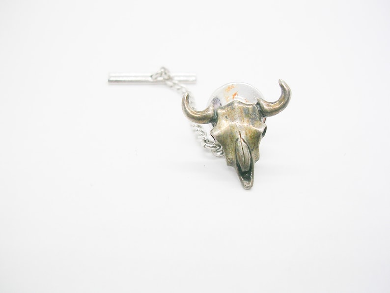 Vintage Cow Skull Tie Tack with chain Sterling Silver Tie Pin Necktie Accessory Man Wedding Jewelry Formal Wear Southwestern Cowboy