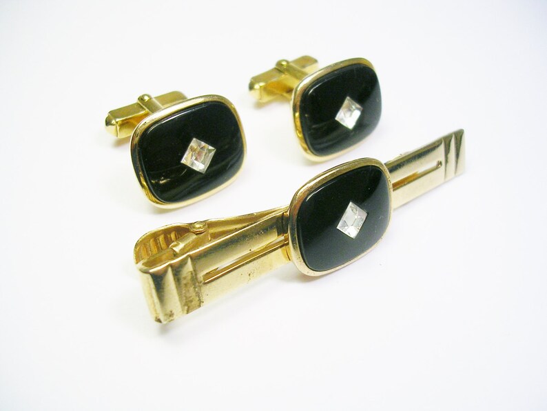 Vintage Cufflinks with matching Tie Clip Black Onyx clear Etsy