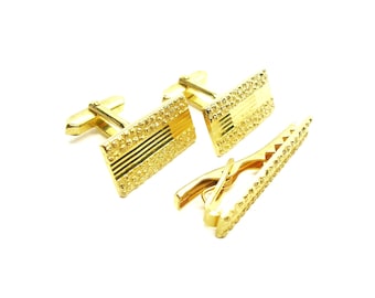 Vintage Gold Tone Cufflinks with Tie Bar: Formal Accessory Set