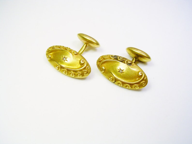 Antique Victorian Cufflinks 10 karat solid gold inlaid Diamond Gold Cuff Links Formal Wear Men Wedding Jewelry Shirt Accessory Groom Gift image 2