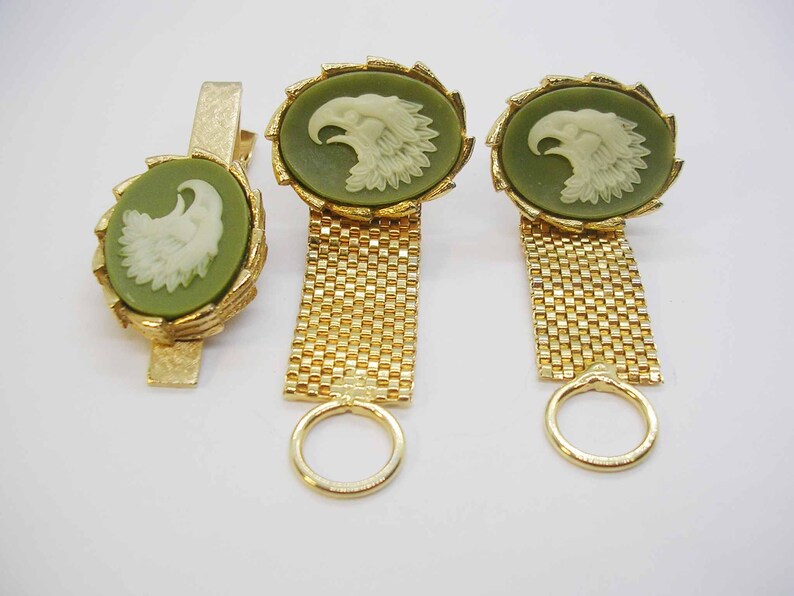 Vintage Cufflinks Tie Bar Set Mesh Wrap Cameo Eagle Head Men's Formal