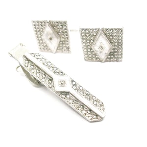 Sterling Silver Cufflinks Tie Clip Set Marcasite Stone Cuff Links with matching Tie Bar Men&#39;s Shirt Accessory