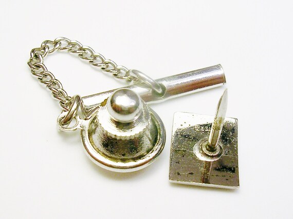 Sterling Silver Tie Tack vintage hand etched Tie Pin with chain Tie  Accessory Men Wedding Jewelry Groom Gift