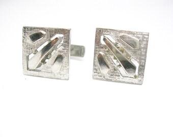 Vintage Silver Tone Square Cufflinks: Abstract Design, Wedding Accessory