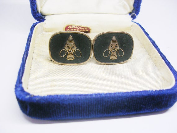 Vintage Cufflinks genuine Vitreous Enamel Tribal … - image 1