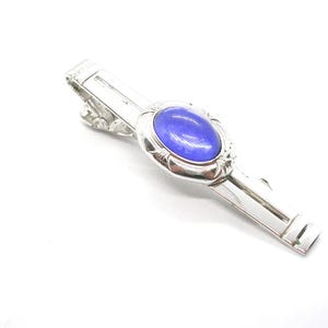 Vintage Anson Tie Clip: Blue Acrylic Cabochon, Silver Tone