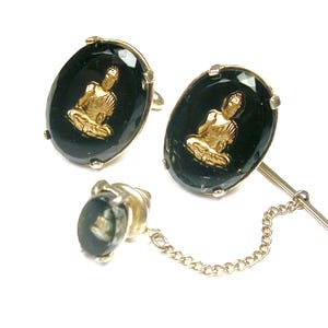 Cuff Links with matching Tie Tack Buddha Shirt Accessory Man Wedding Jewelry Formal Wear Groomsman Gift SWANK Cufflinks Tie Pin Set