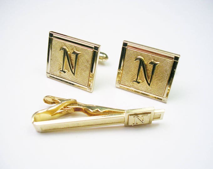 Vintage INITIAL CUFF LINKS With Matching Tie Clip Letter N Etsy